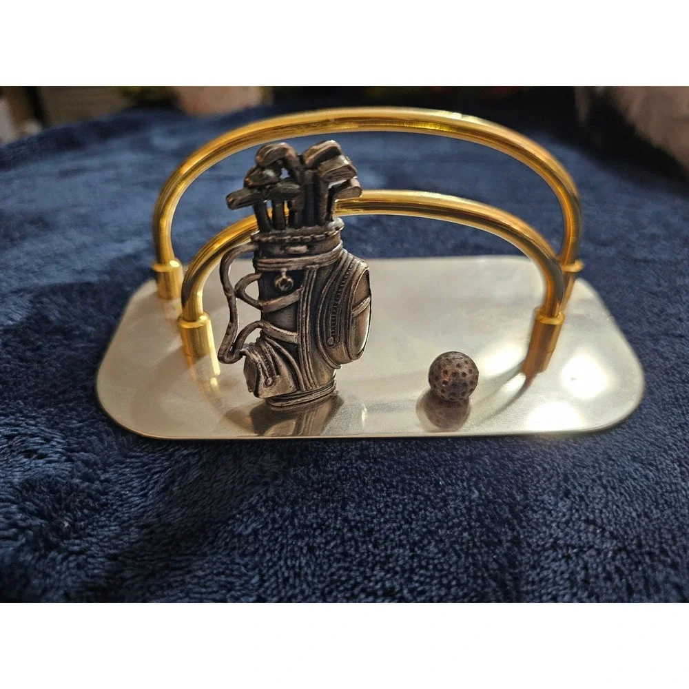 Vintage Golf Bag Letter Holder Gold Tone Metal Napkin Stand Desk Accessory